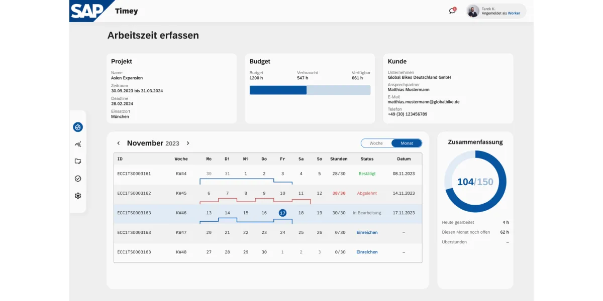 Monatsansicht der Zeiterfassung